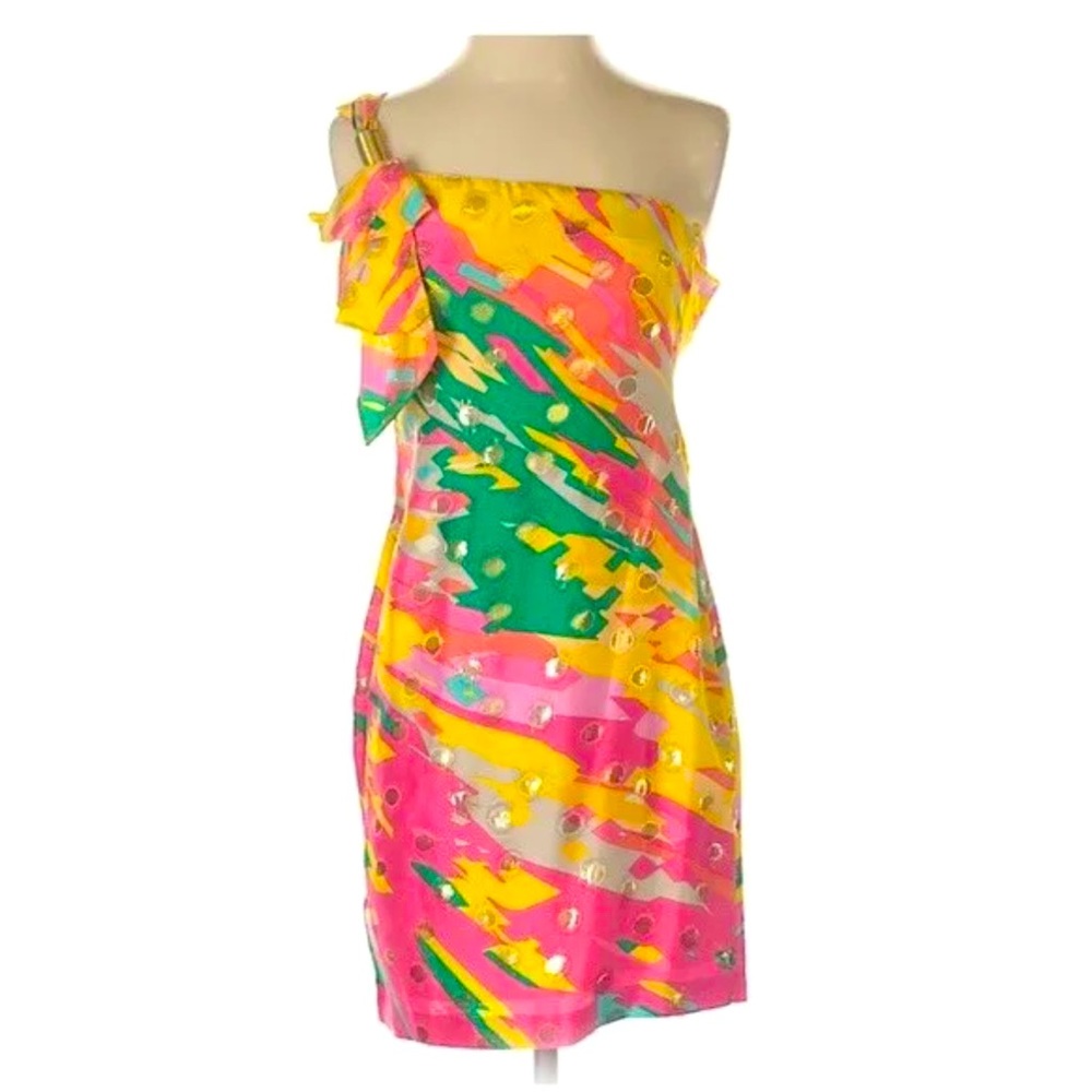 Yoana Baraschi Colorful Silk One Shoulder Dress Size 2